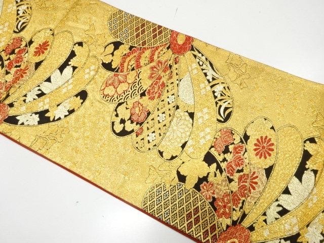 JAPANESE KIMONO / FUKURO OBI FOR FURISODE / SILK / WOVEN FLOWERS & CLASSICAL PATTERN